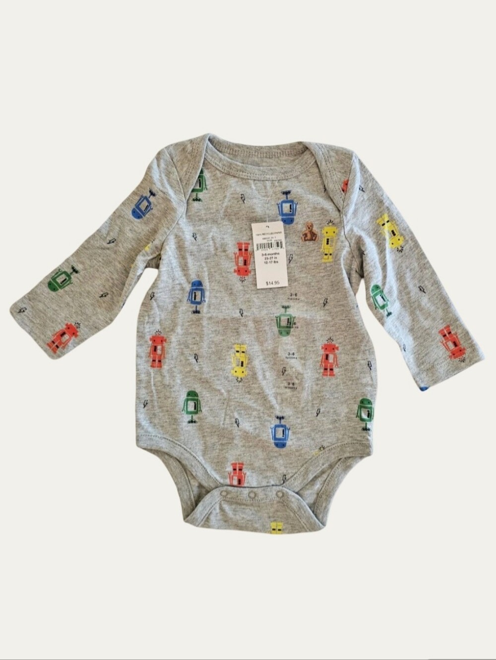 Baby Gap Boys Grey Robot Print One-Piece Bodysuit 3- 6M